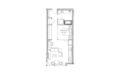 a floor plan of a small house with a bedroom and a living room